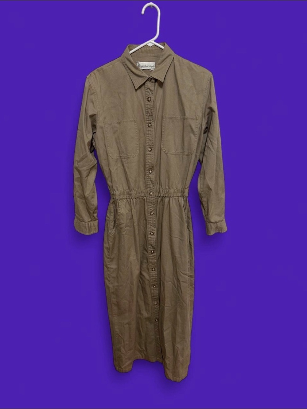 90s Vintage Giorgio Sant'Angelo Cotton Twill Midi Dress Khaki Tan sz small